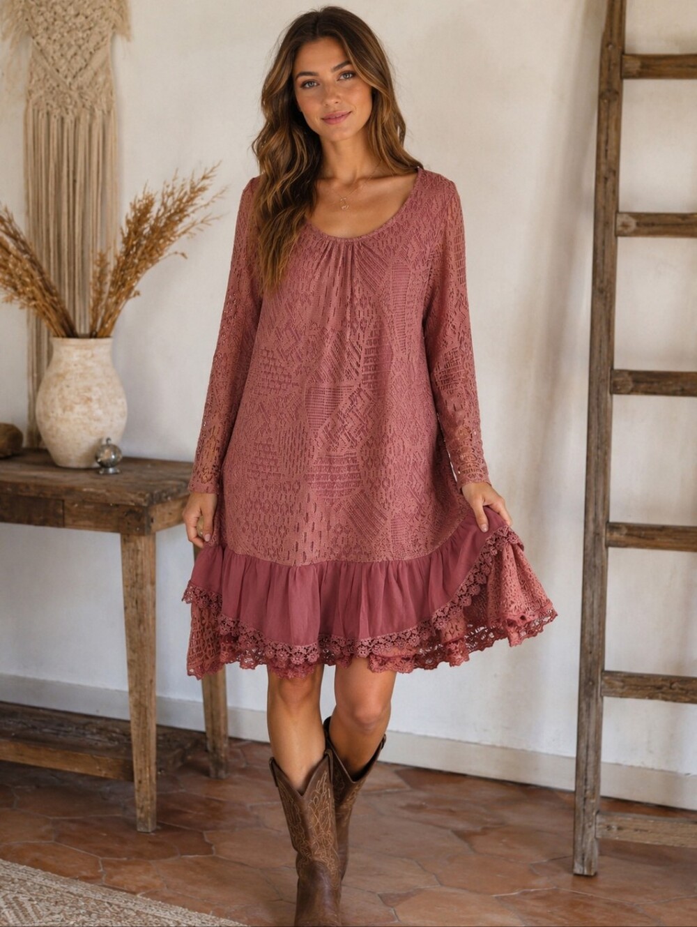 Sacred Threads Mauve Boho Crochet Lace Tunic Dress Large